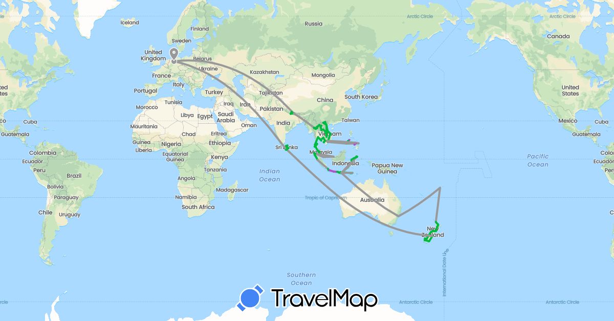 TravelMap itinerary: driving, bus, plane, train, hiking, boat in Australia, Germany, Fiji, Indonesia, Cambodia, Laos, Sri Lanka, Malaysia, Nepal, New Zealand, Philippines, Singapore, Thailand, Vietnam (Asia, Europe, Oceania)